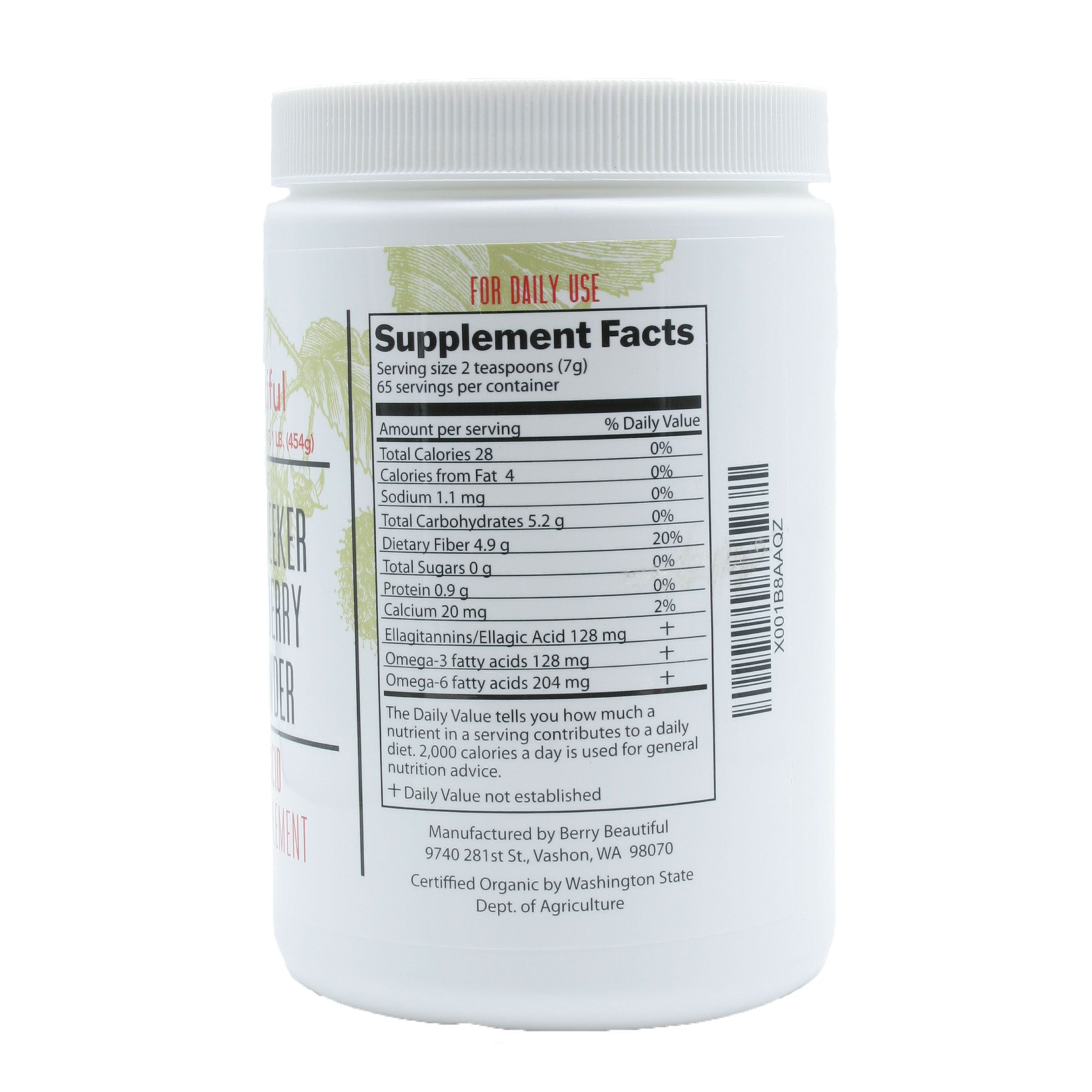 Raspberry powder product packaging. Nutrition facts: Serving size 2 teaspoons (7g), 65 servings per container, 28 calories, 4 calories from fat, 1.1mg sodium, 5.2g total carbs, 0g sugar, 0.9g protein, 20mg calcium, 128mg ellagitannins/ellagic acid, 128mg omega-3 fatty acids, 204mg omega-6 fatty acids. Manufactured by Berry Beautiful, certified organic by the Washington State Department of Agriculture.