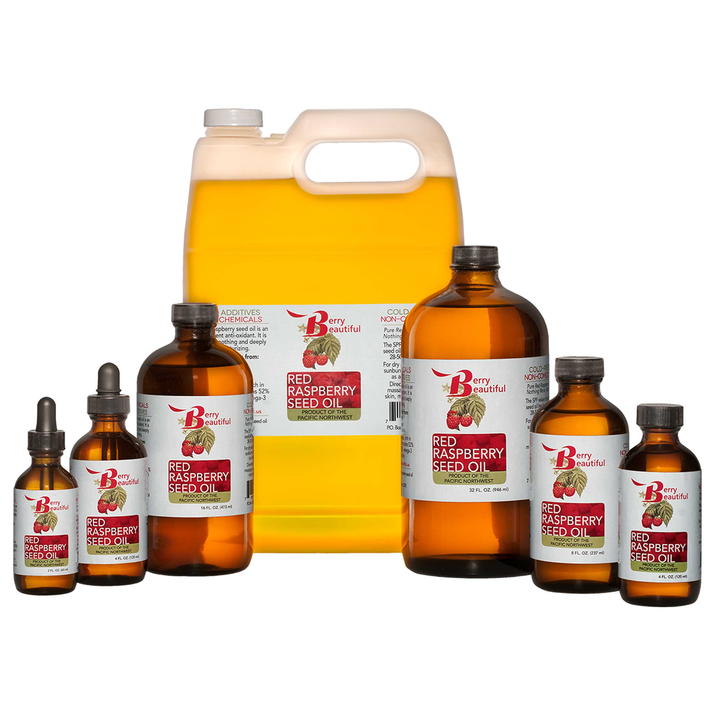A group shot of Berry Beautiful raspberry seed oil bottles in various sizes: 2 fl oz with a dropper cap, and 4, 8, 16, 32 fl oz glass bottles, along with a gallon HDPE plastic bottle. All bottles display the Berry Beautiful label.