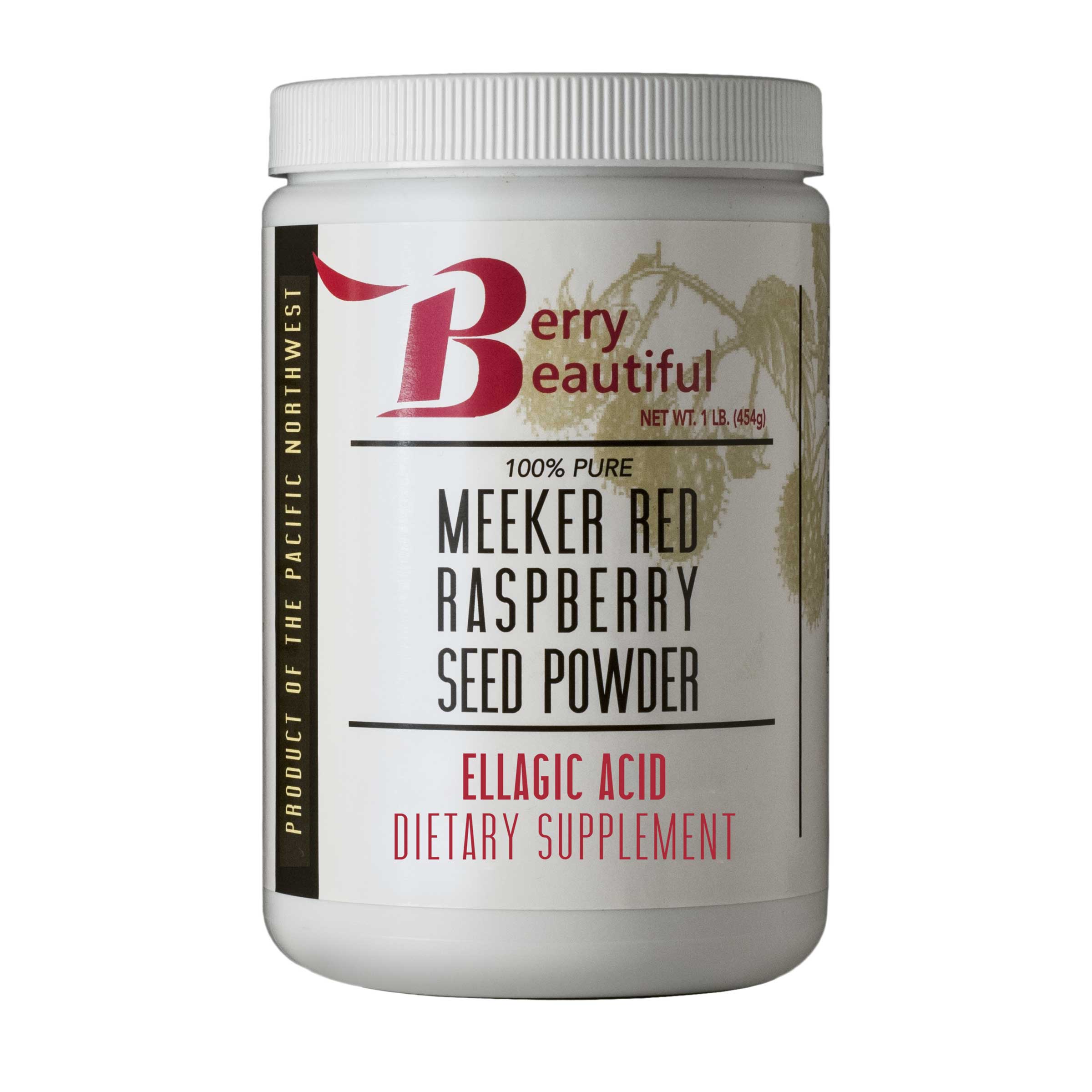 A white container of Berry Beautiful Meeker Red Raspberry Seed Powder dietary supplement. The label features the Berry Beautiful logo and highlights ellagic acid content.
