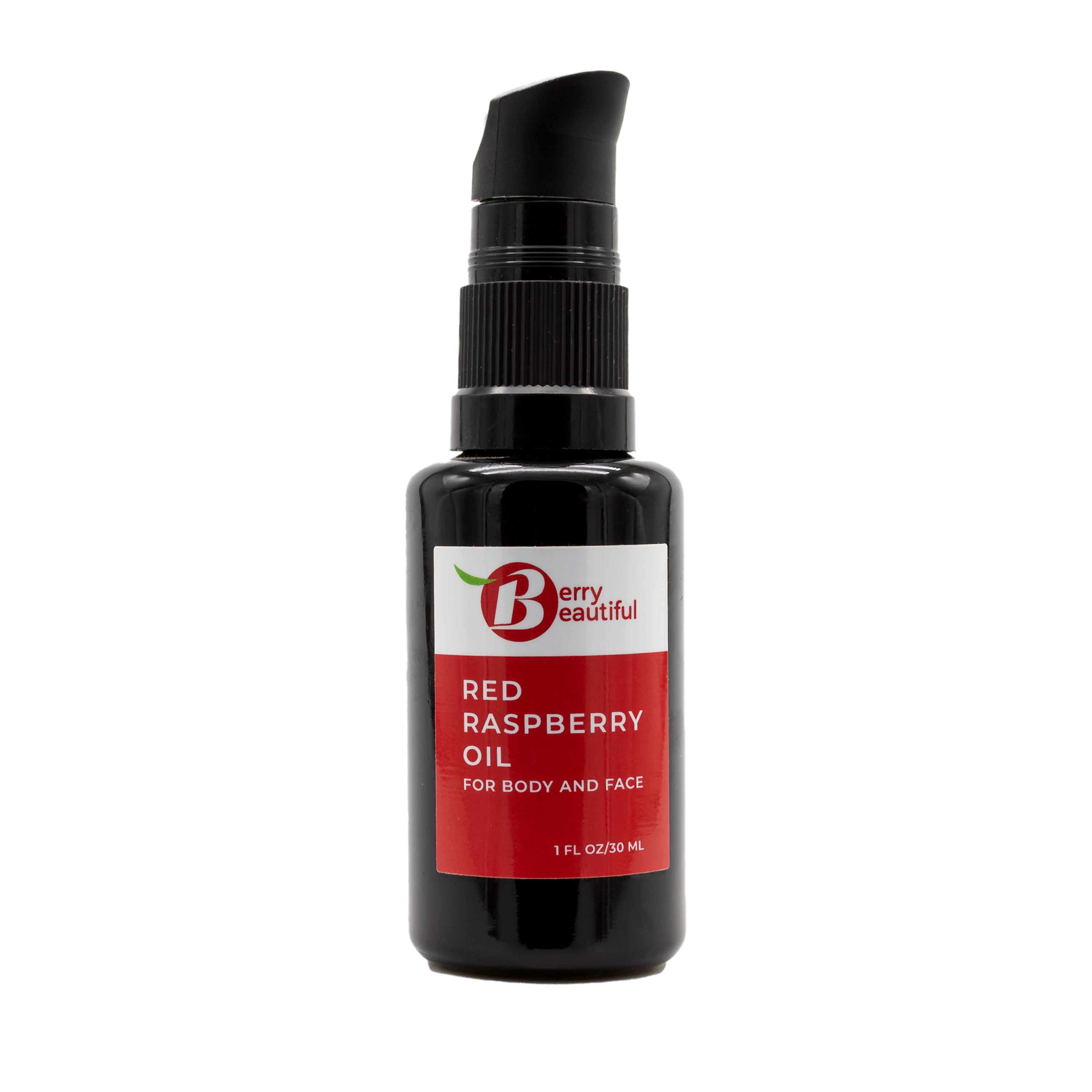 Berry Beautiful Red Raspberry Oil in a black pump bottle with red label on a white background, 1 fl oz