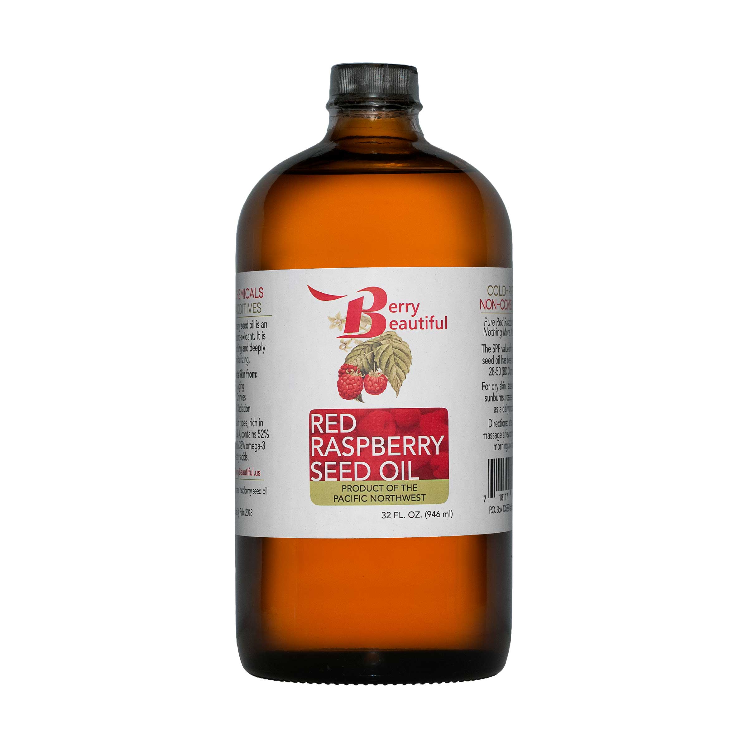 Berry Beautiful 32 fl oz (960 ml) Red Raspberry Seed Oil in amber glass bottle with cap. White label with Berry Beautiful logo and raspberries background. Product of the Pacific Northwest.