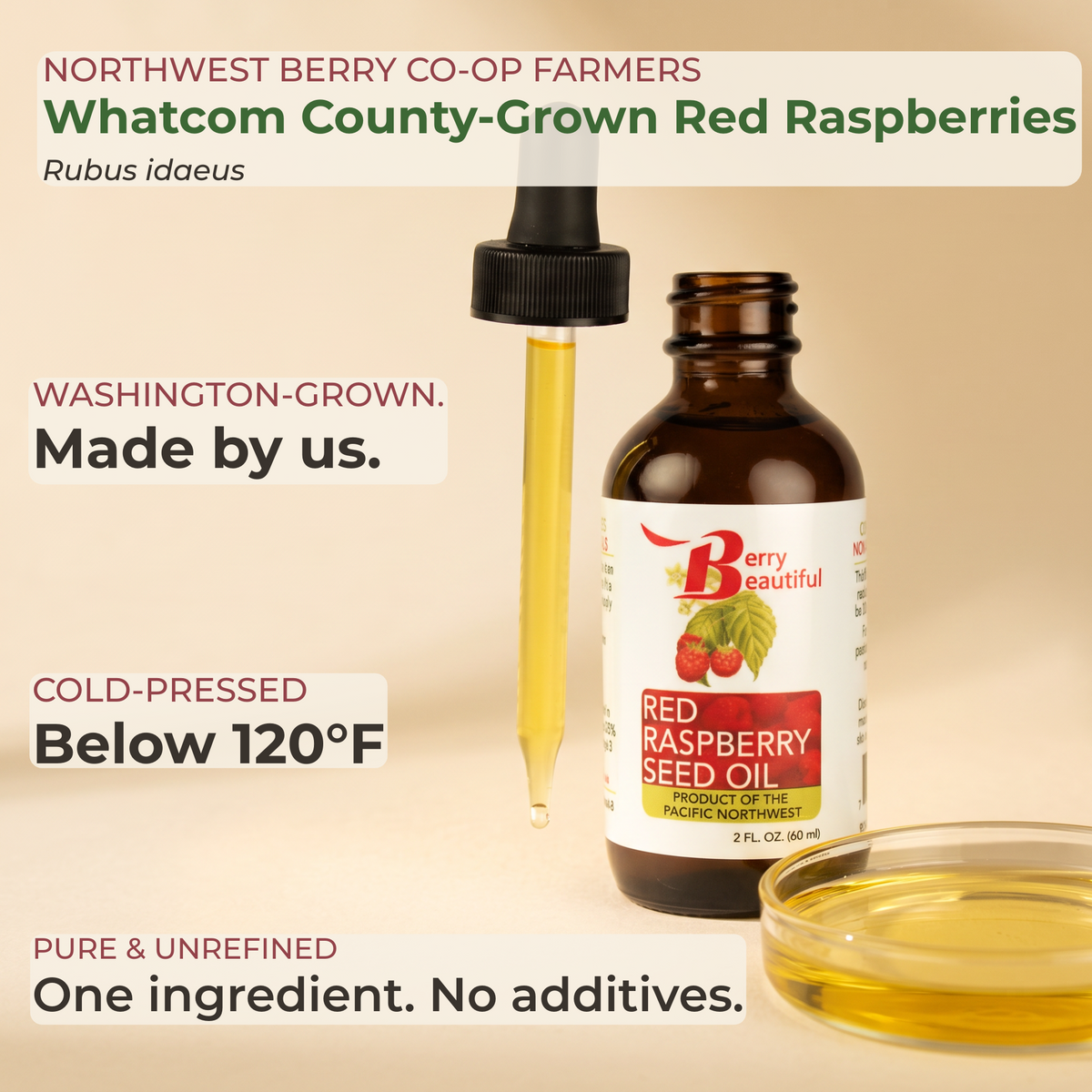 A bottle of Berry Beautiful red raspberry seed oil with a dropper, shown beside a small dish of golden oil on a beige background with promotional text about Washington-grown red raspberries and cold-pressed quality.