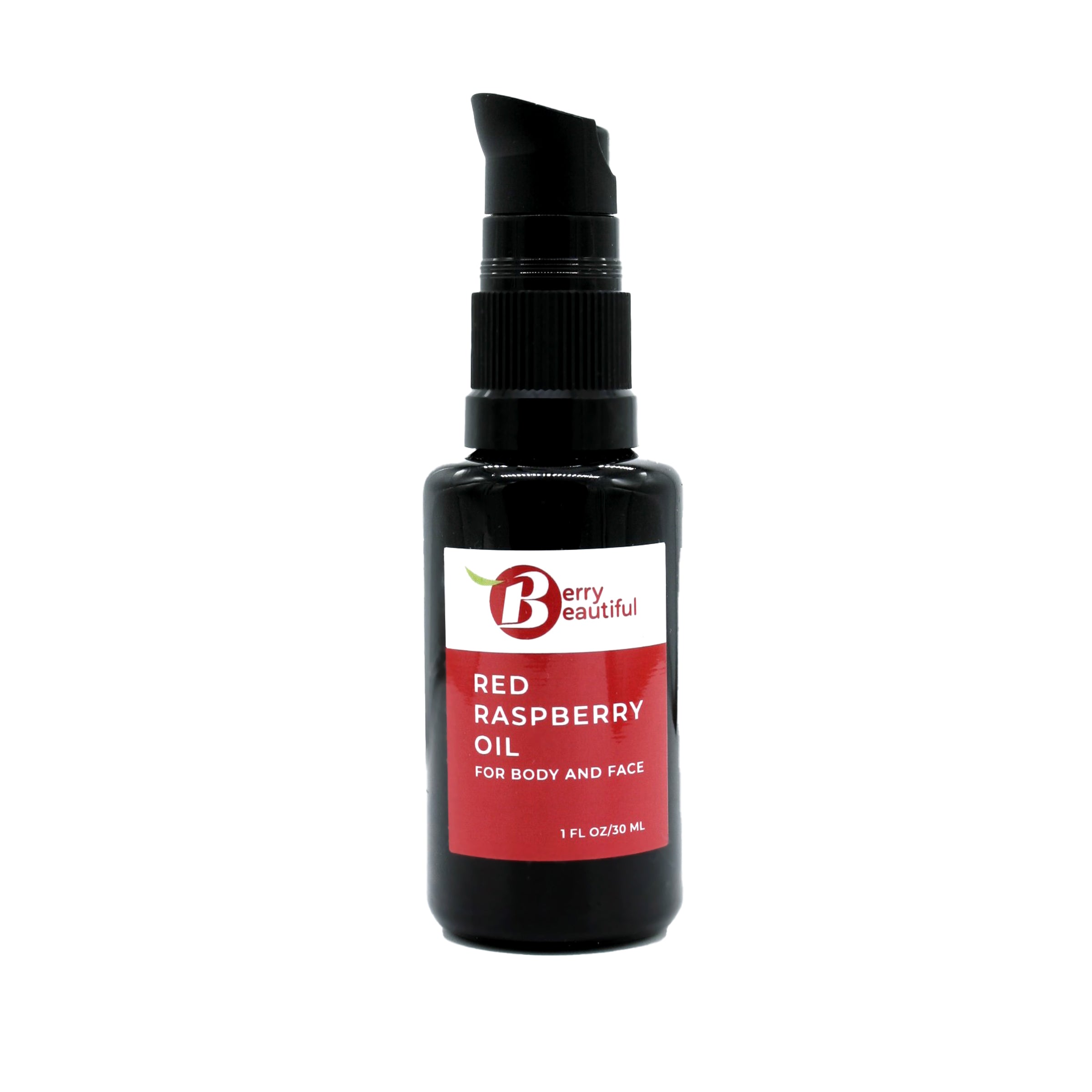 1 fl oz bottle of Berry Beautiful red raspberry seed oil with pump top, labeled for face and body care