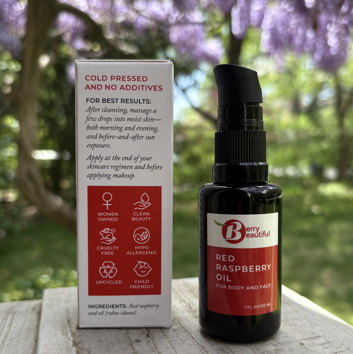 Berry Beautiful 1 fl oz (30 ml) Red Raspberry Seed Oil in a pump bottle for face and body care.