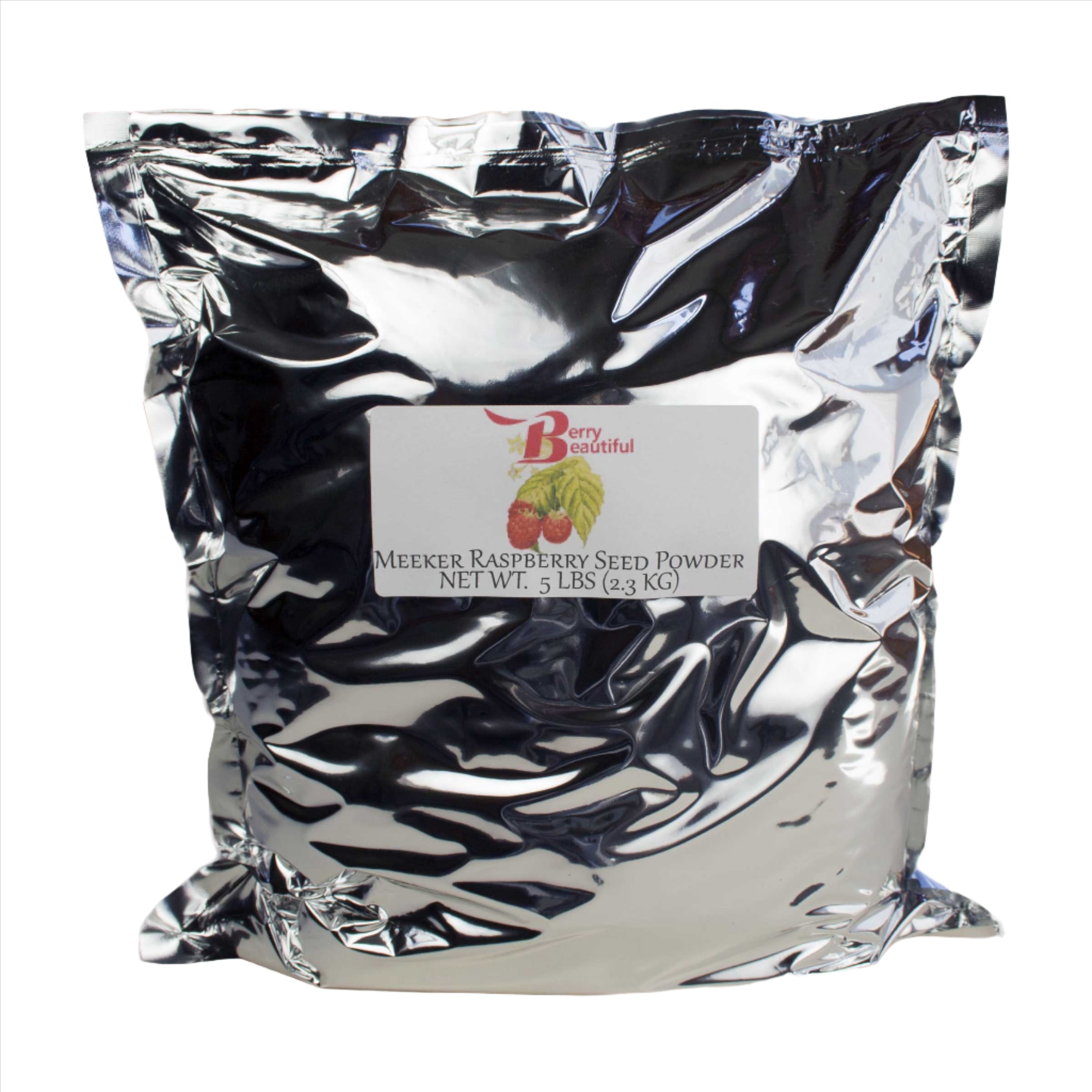 A large, resealable mylar bag filled with Meeker Red Raspberry Seed Powder. A label on the bag clearly states "Meeker Red Raspberry Seed Powder" and net weight "5 lbs."