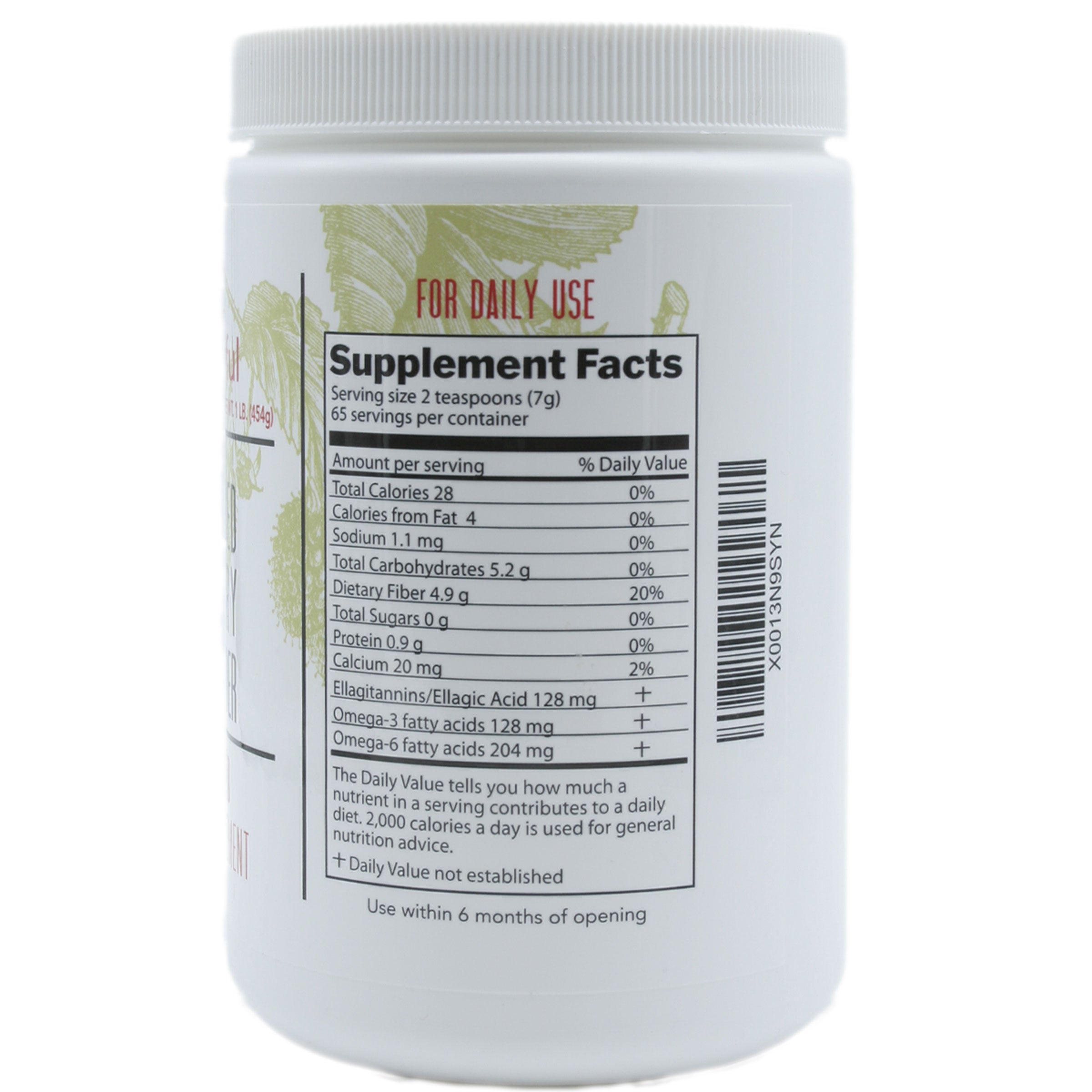 Close-up of the right side panel of a white Berry Beautiful Meeker Red Raspberry Seed Powder canister. This panel displays the "Supplement Facts" label with detailed nutritional information.