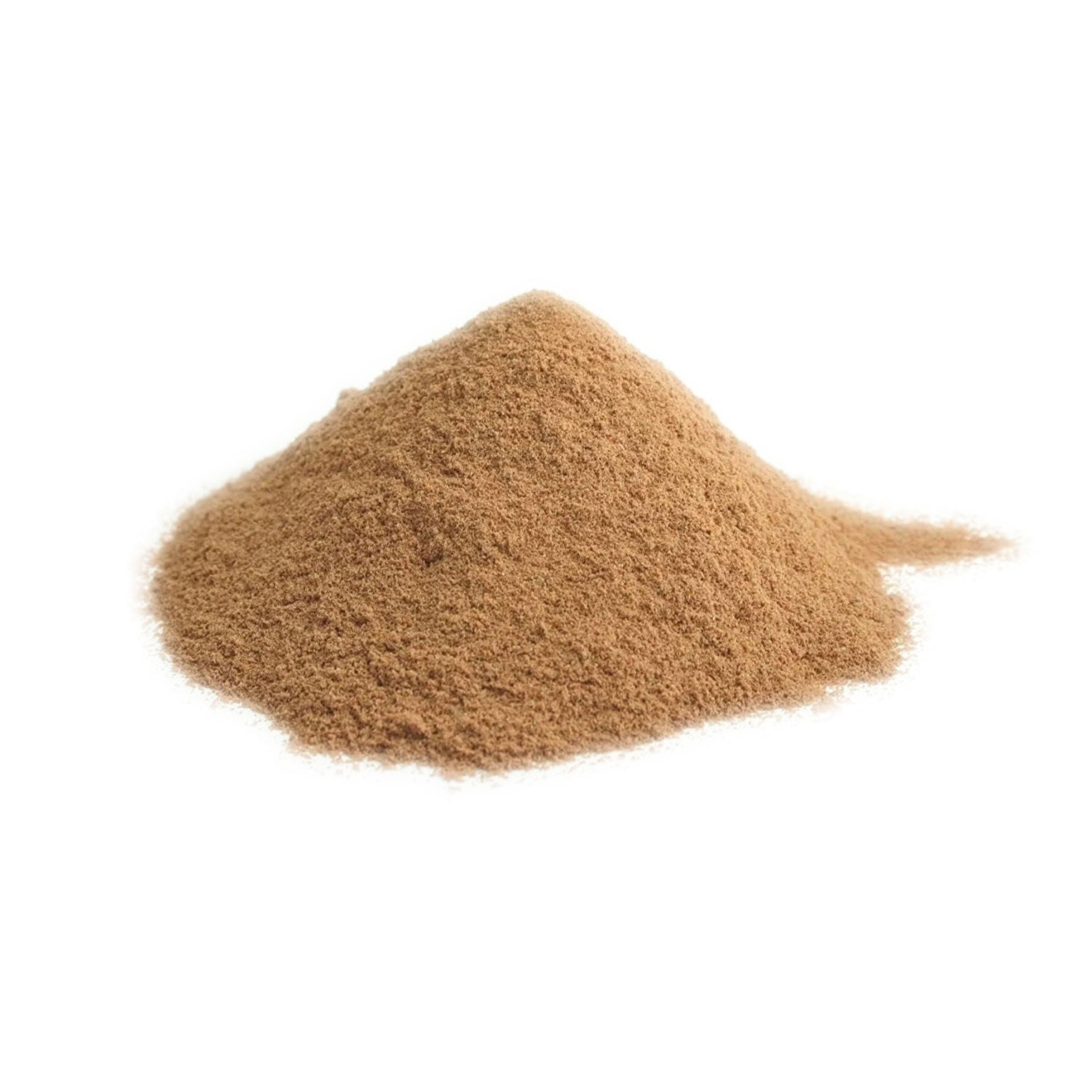 A close-up shot of a pile of Meeker Red Raspberry Seed Powder on a glass table. The powder resembles a mound of baking flour, but with a slightly coarser texture.