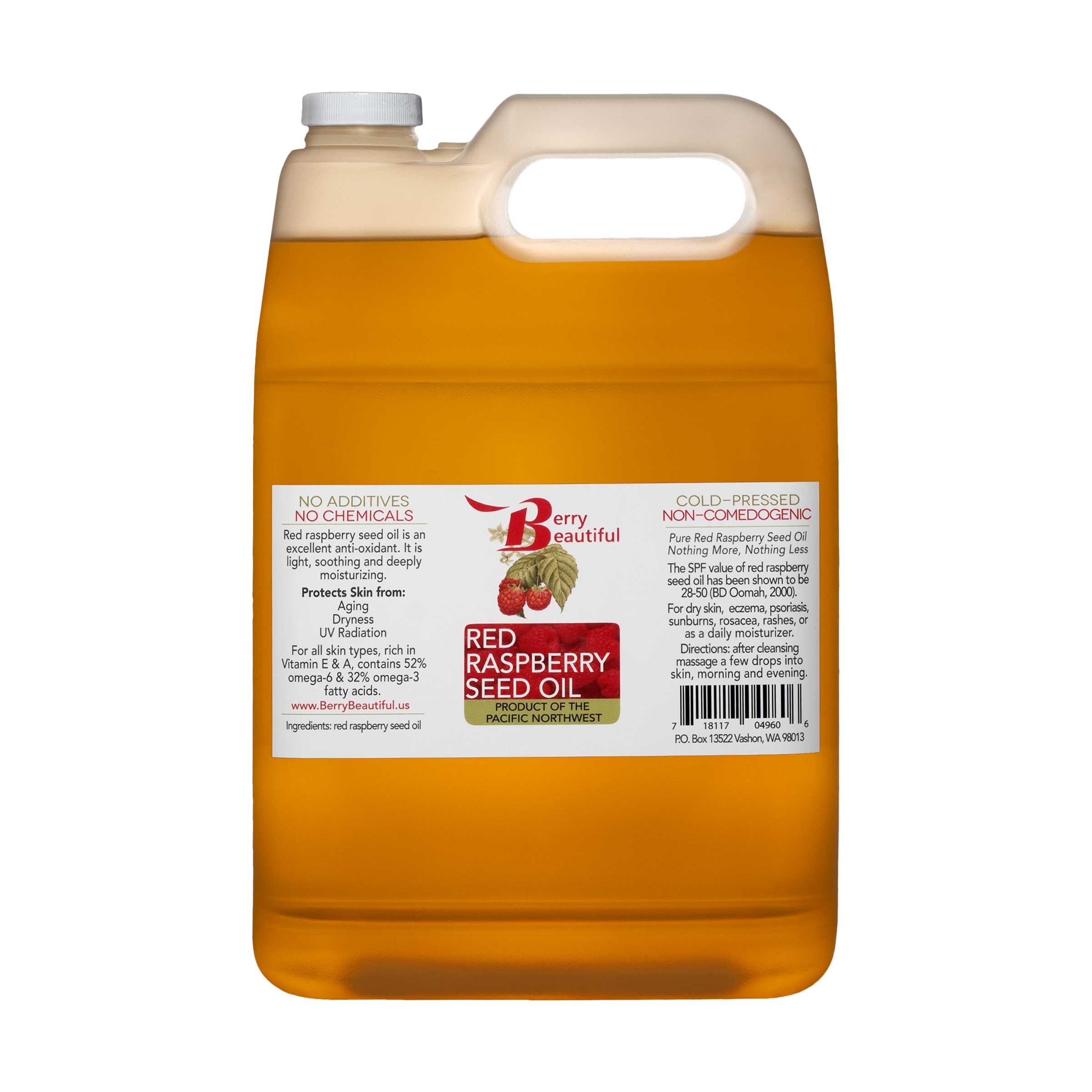 Berry Beautiful 1 gallon (3.78 liters) Red Raspberry Seed Oil in HDPE jug. White label with Berry Beautiful logo and raspberries background. Product of the Pacific Northwest.