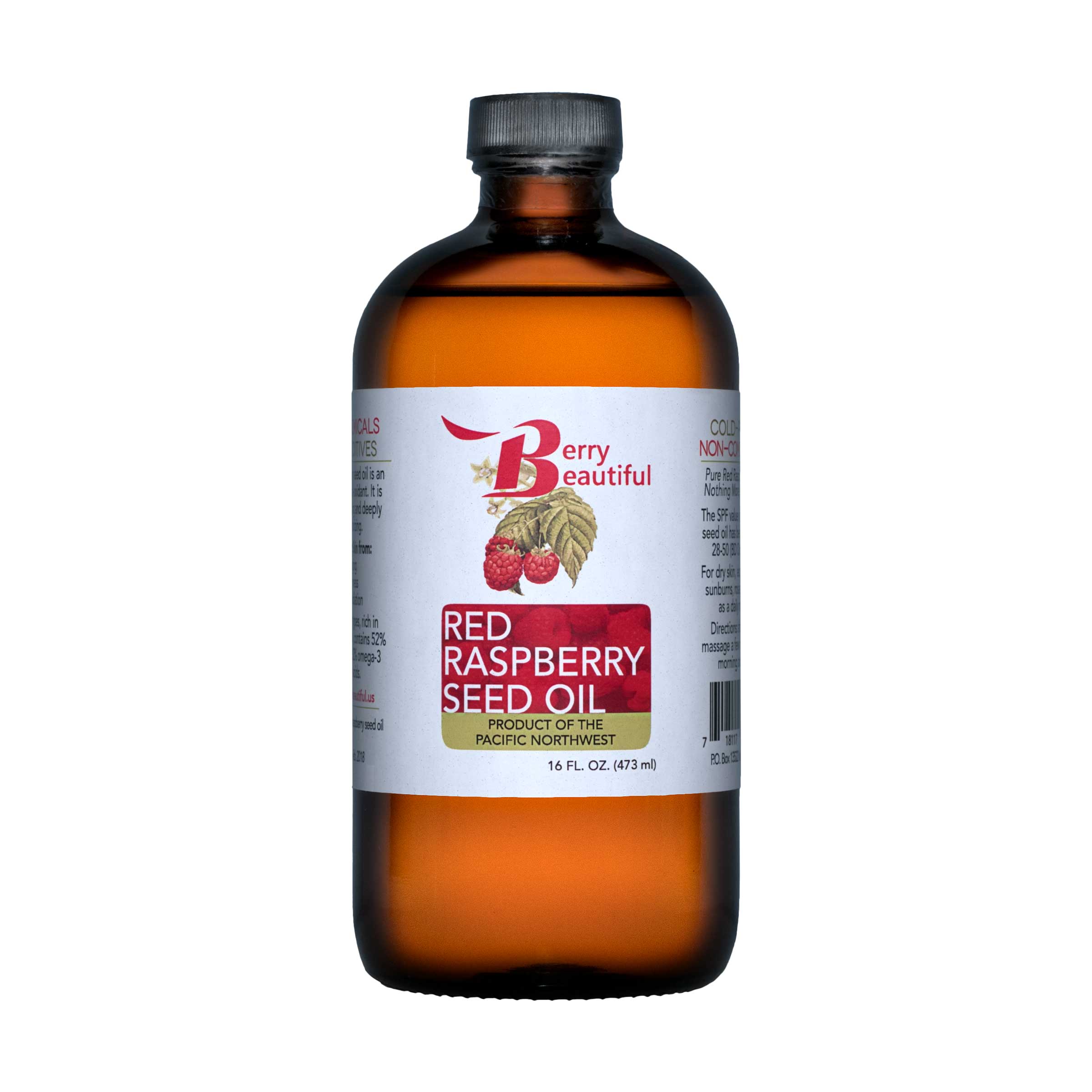 Berry Beautiful 16 fl oz (480 ml) Red Raspberry Seed Oil in amber glass bottle with cap. White label with Berry Beautiful logo and raspberries background. Product of the Pacific Northwest.