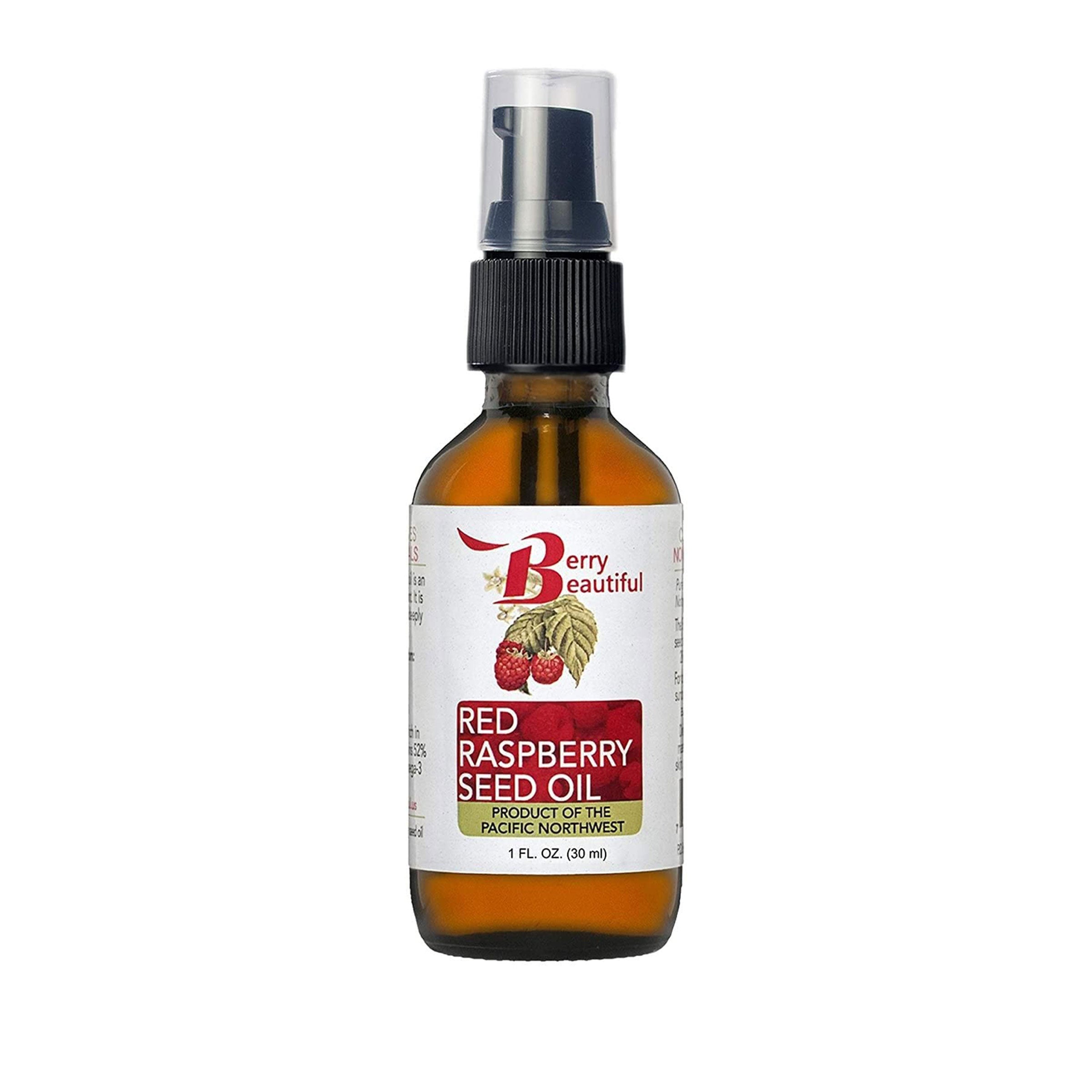 Berry Beautiful 1 fl oz Red Raspberry Seed Oil in amber glass bottle with pump and lid. White label with Berry Beautiful logo and raspberries background. Product of the Pacific Northwest.