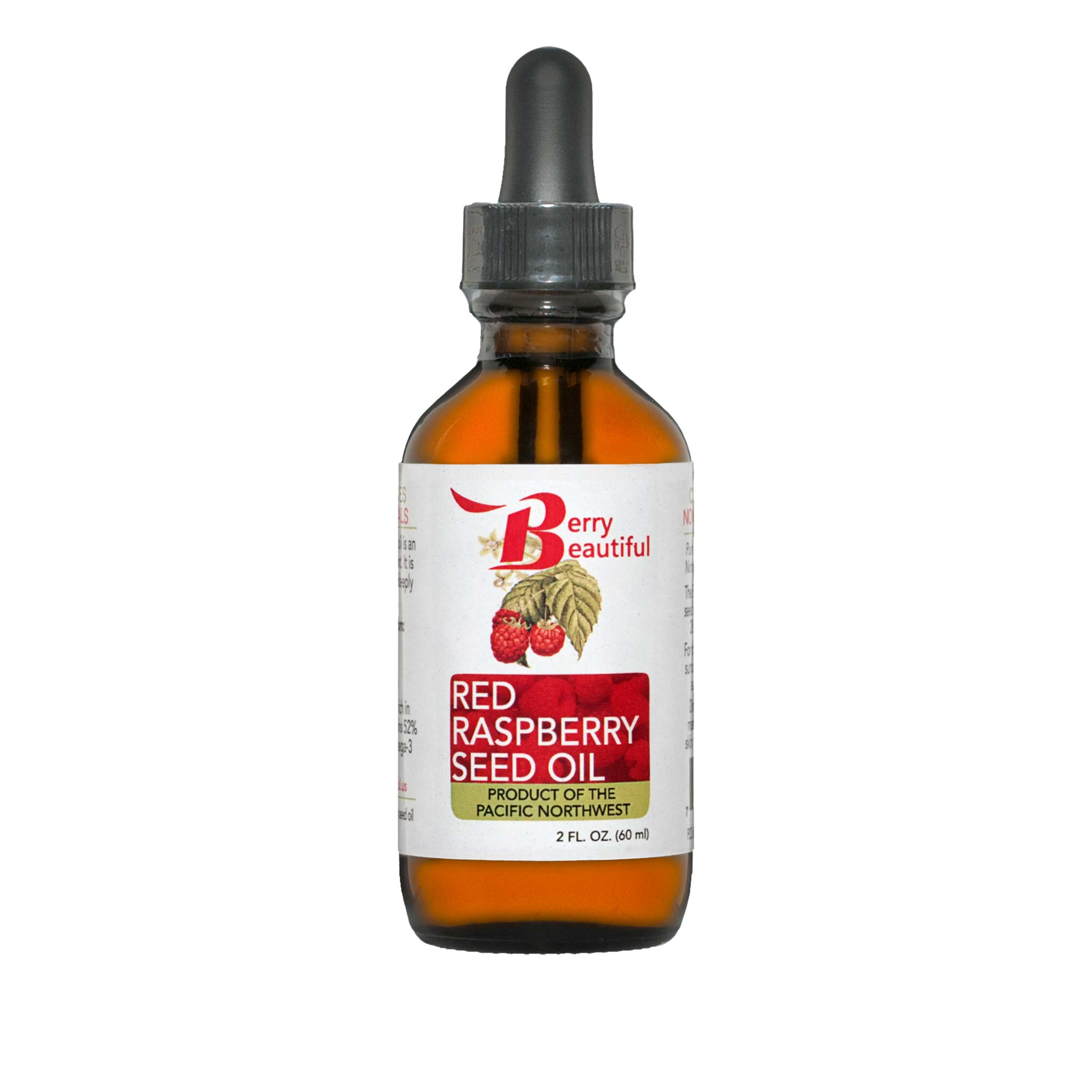 Berry Beautiful 2 fl oz (60 ml) Red Raspberry Seed Oil in amber glass bottle with dropper. White label with Berry Beautiful logo and raspberries background. Product of the Pacific Northwest.