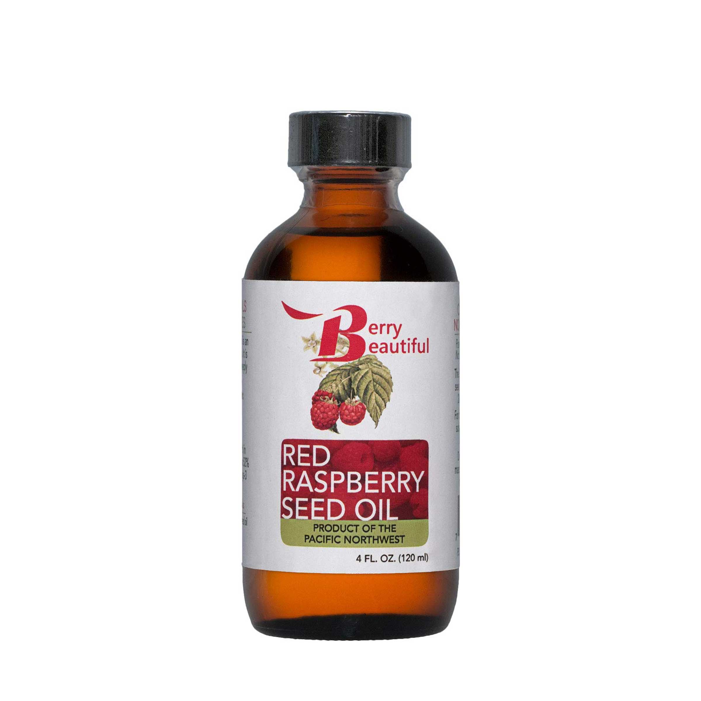 Berry Beautiful 4 fl oz (120 ml) Red Raspberry Seed Oil in amber glass bottle with cap. White label with Berry Beautiful logo and raspberries background. Product of the Pacific Northwest.