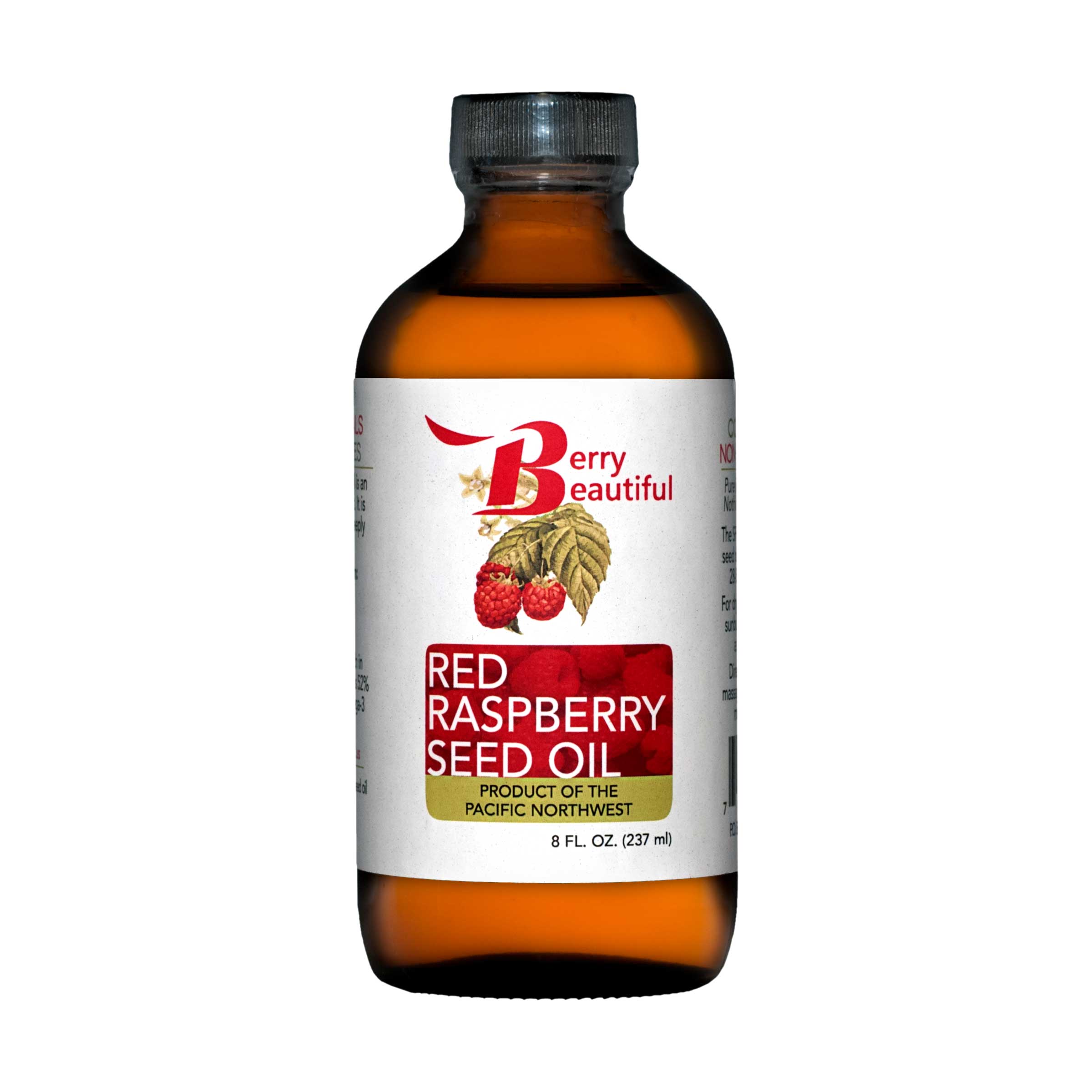 Berry Beautiful 8 fl oz (240 ml) Red Raspberry Seed Oil in amber glass bottle with cap. White label with Berry Beautiful logo and raspberries background. Product of the Pacific Northwest.