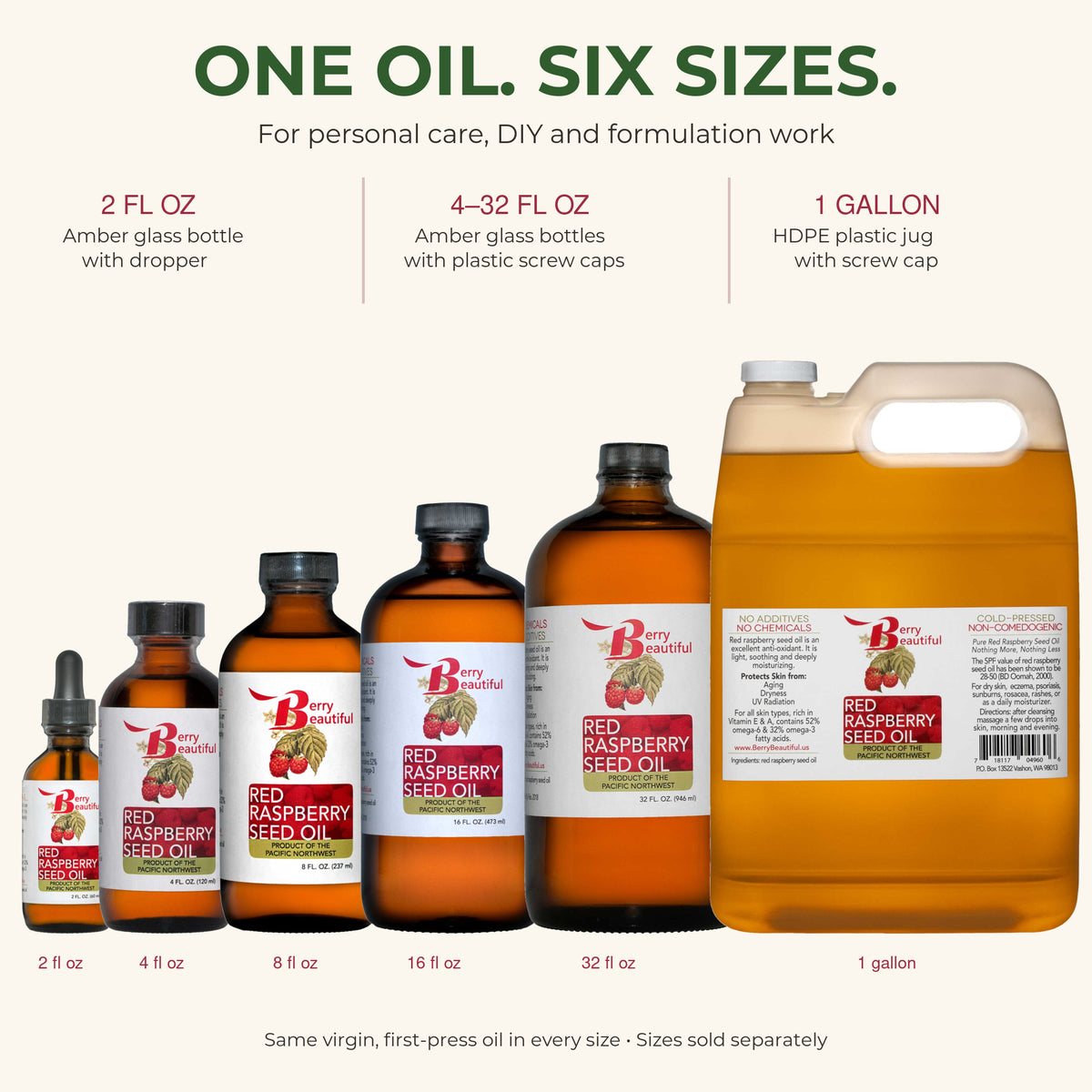 Berry Beautiful red raspberry seed oil in 2, 4, 8, 16 and 32 fl oz bottles and a one-gallon jug.