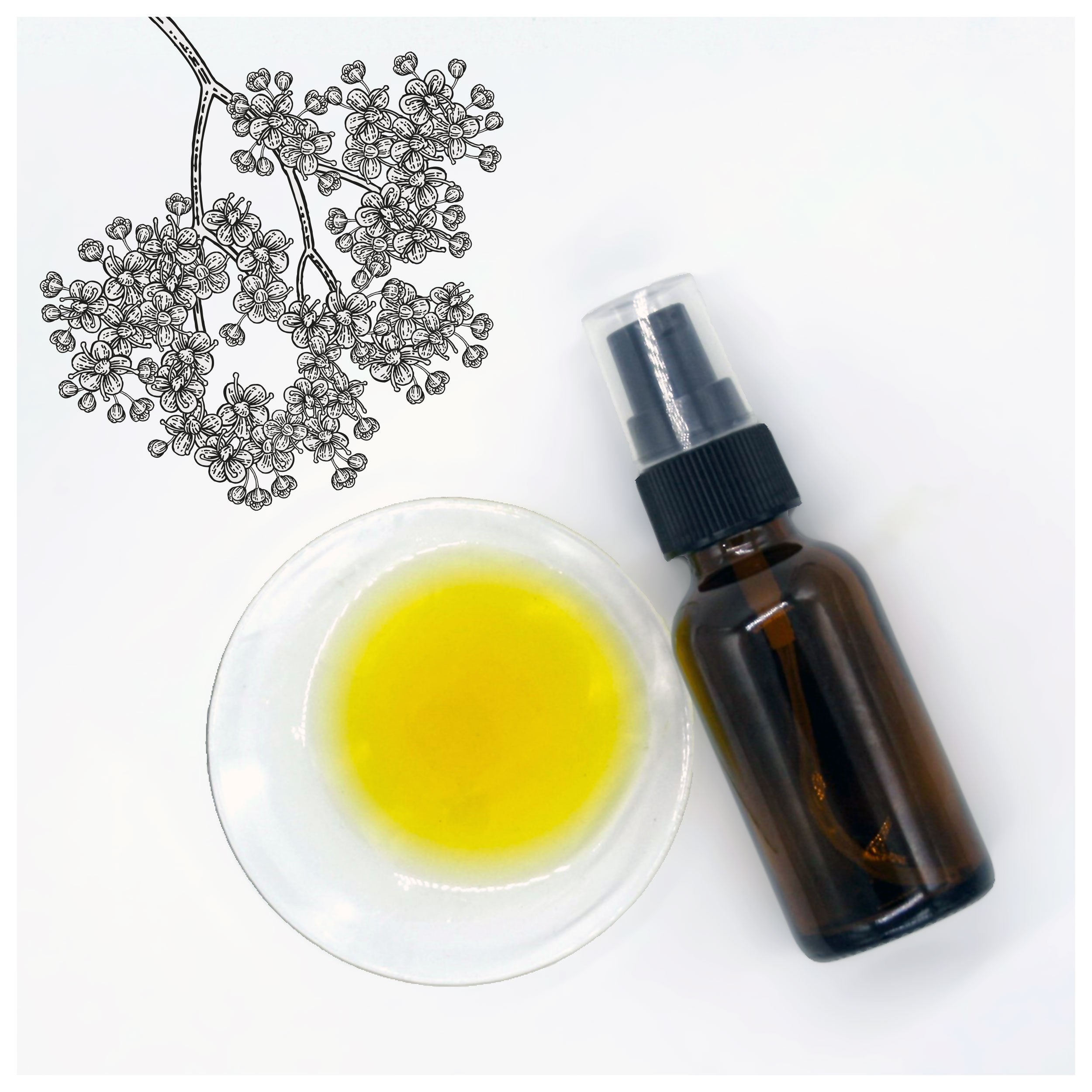 Elderflower-Infused Raspberry Seed Oil in a glass bottle with a dish displaying its golden hue, rich in antioxidants and nutrients for radiant skin.